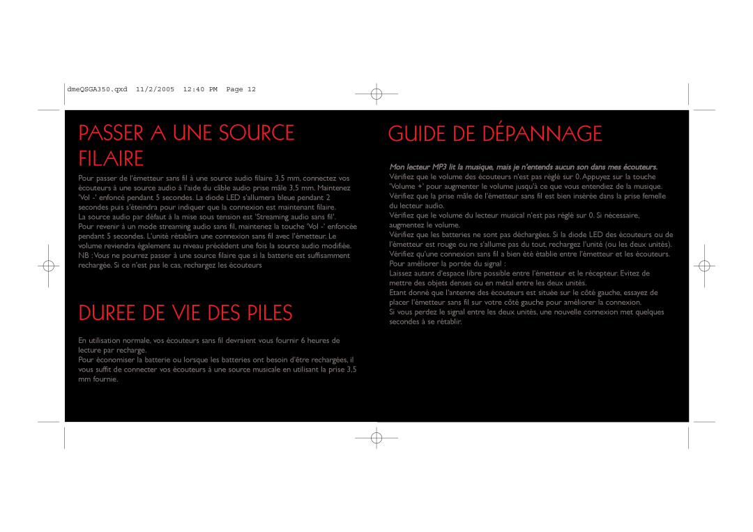 Saitek TM A-350 manual Passer A Une Source Filaire, Duree De Vie Des Piles, Guide De Dépannage 
