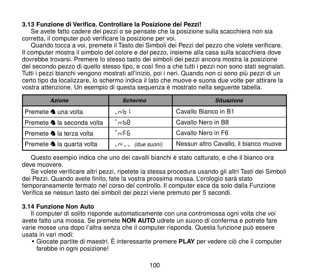 Saitek Travel Chess manual Funzione di Verifica. Controllare la Posizione dei Pezzi, Funzione Non Auto 