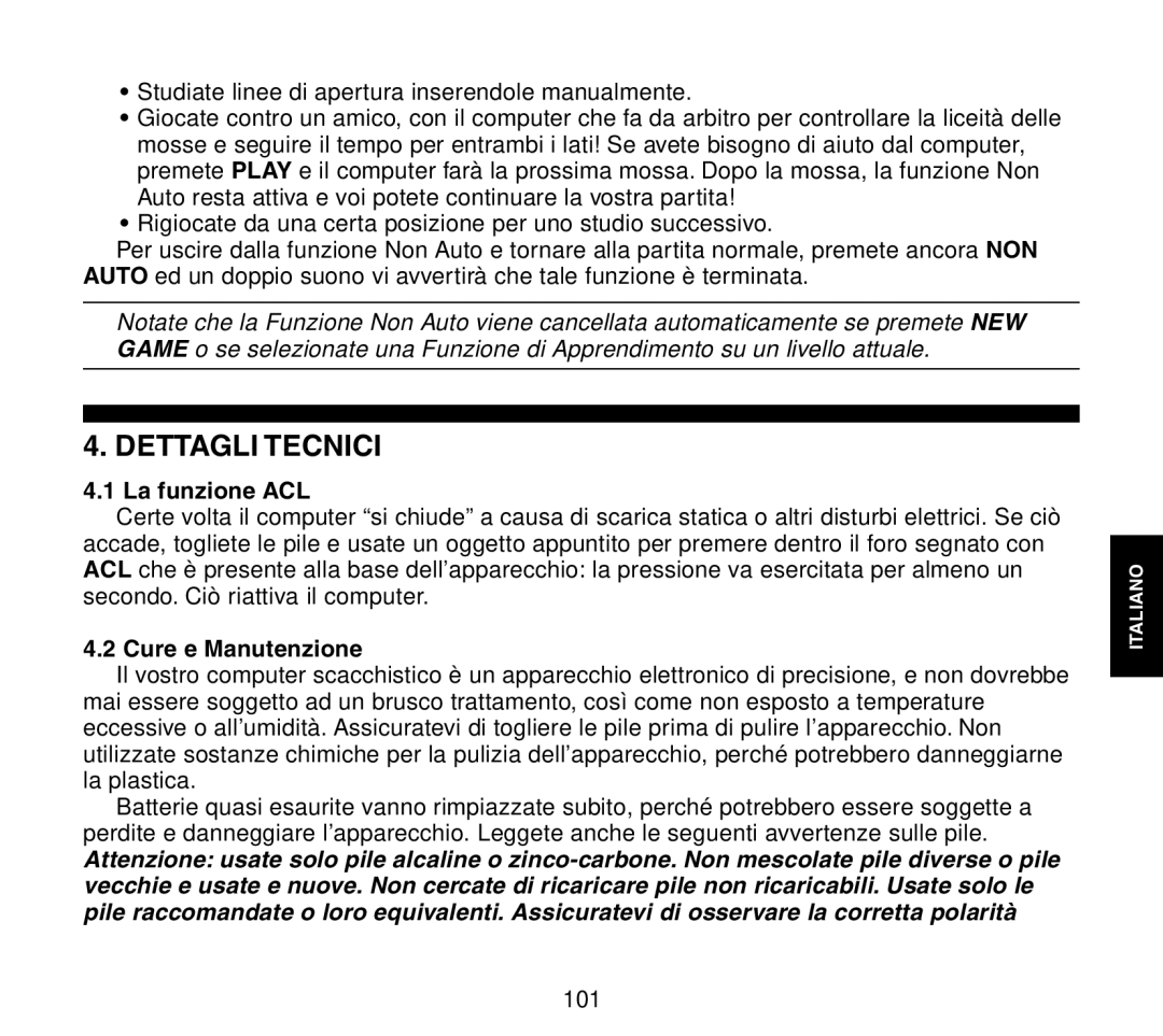 Saitek Travel Chess manual Dettagli Tecnici, La funzione ACL, Cure e Manutenzione 