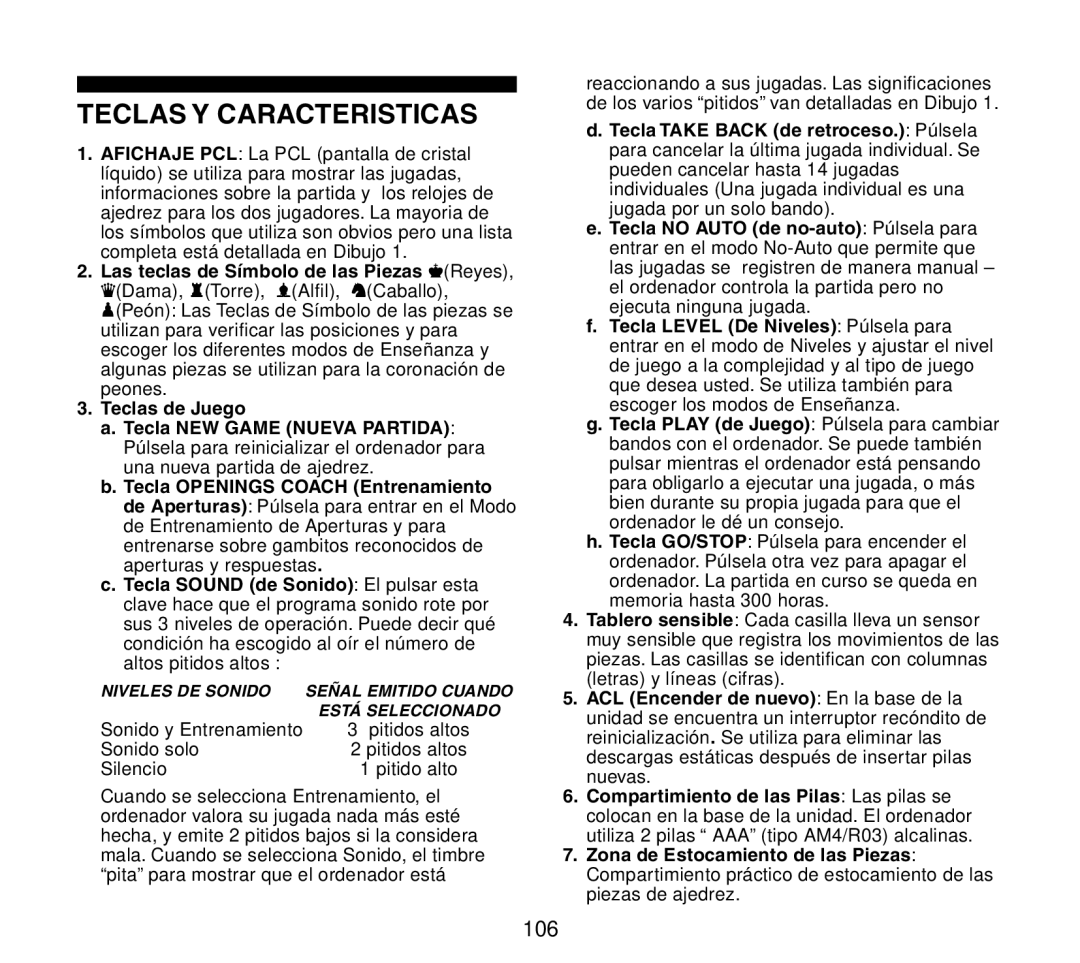 Saitek Travel Chess manual Teclas Y Caracteristicas 