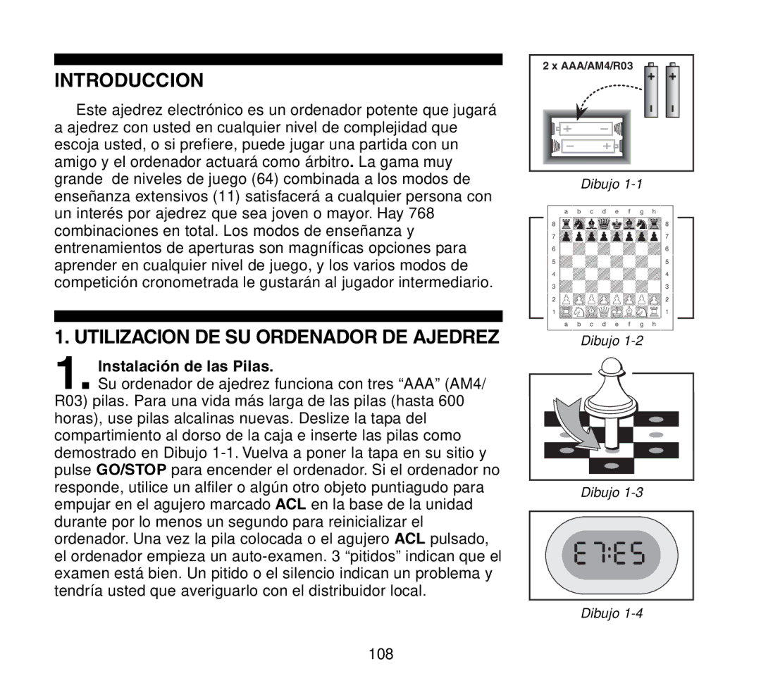 Saitek Travel Chess manual Introduccion, Utilizacion DE SU Ordenador DE Ajedrez, Instalación de las Pilas 