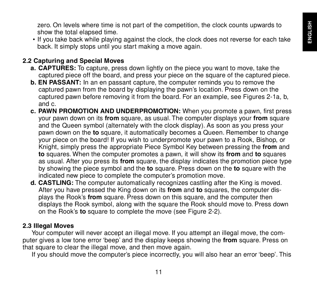 Saitek Travel Chess manual Capturing and Special Moves, Illegal Moves 