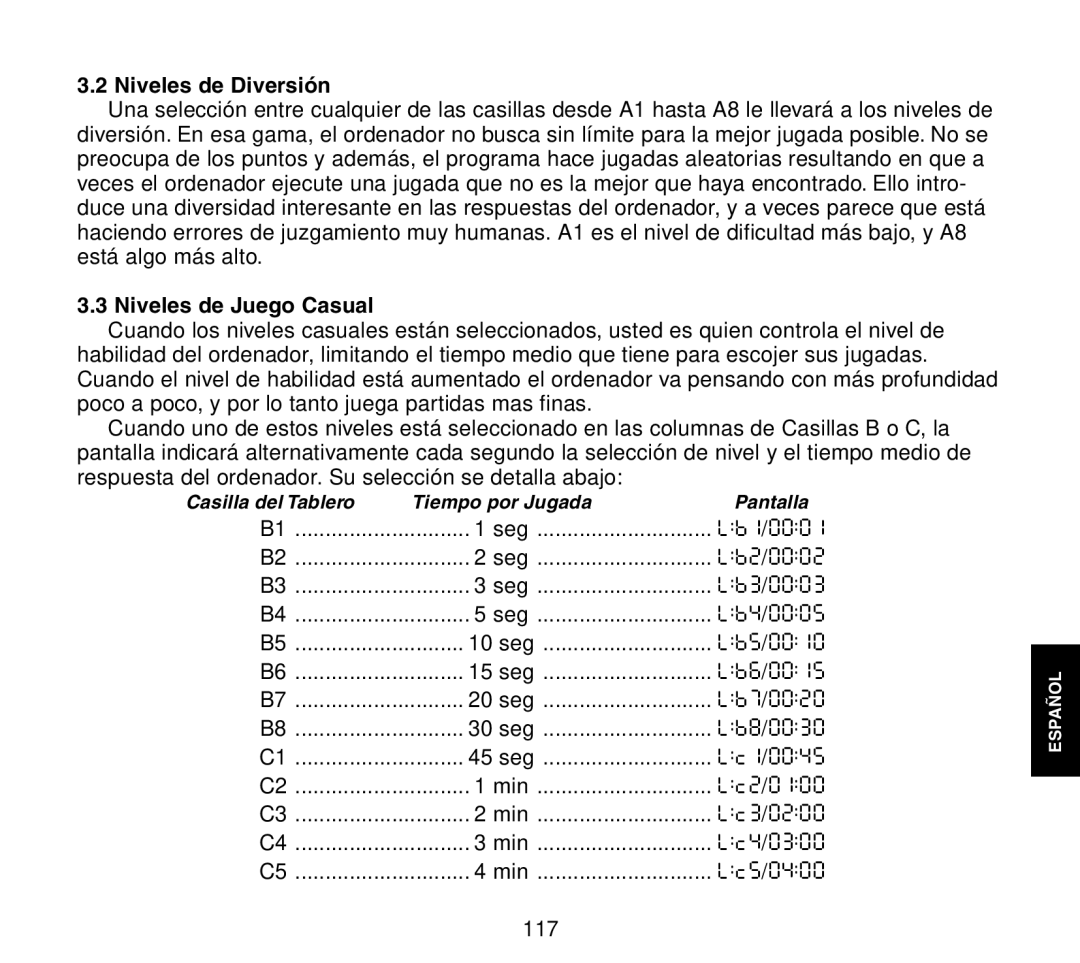 Saitek Travel Chess manual Niveles de Diversión, Niveles de Juego Casual 