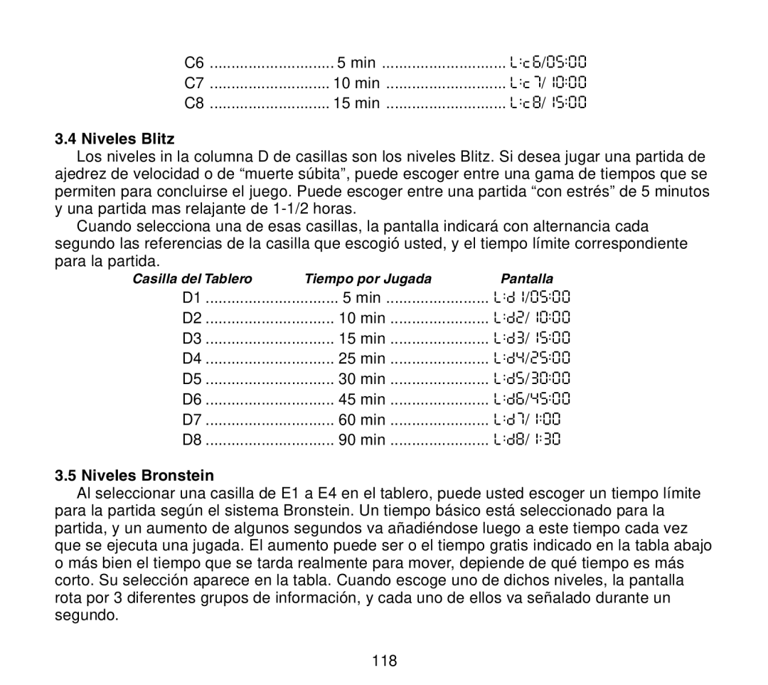 Saitek Travel Chess manual Niveles Blitz, Niveles Bronstein 