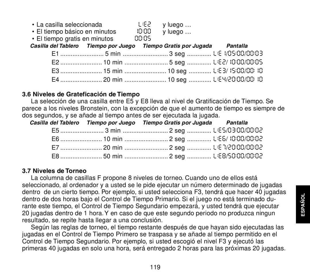 Saitek Travel Chess manual Niveles de Grateficación de Tiempo, Niveles de Torneo 