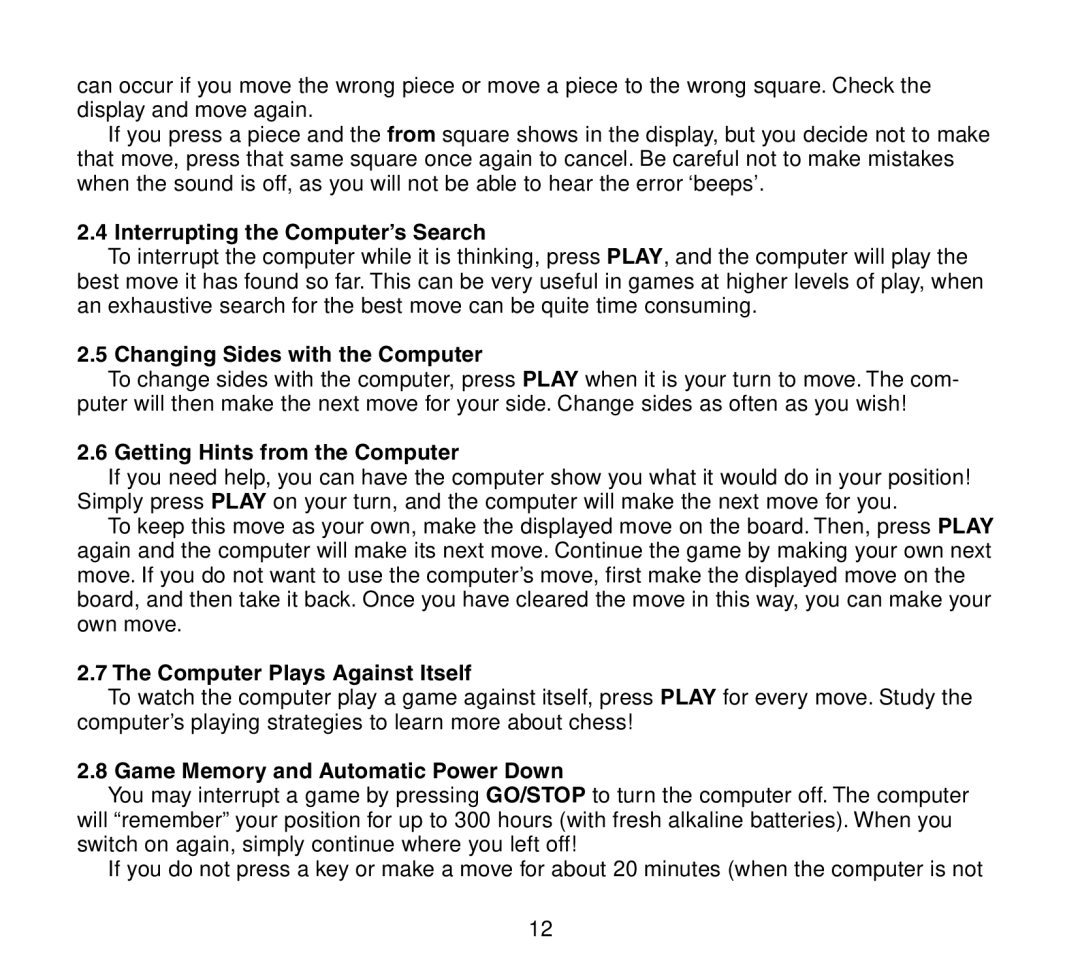 Saitek Travel Chess Interrupting the Computer’s Search, Changing Sides with the Computer, Getting Hints from the Computer 