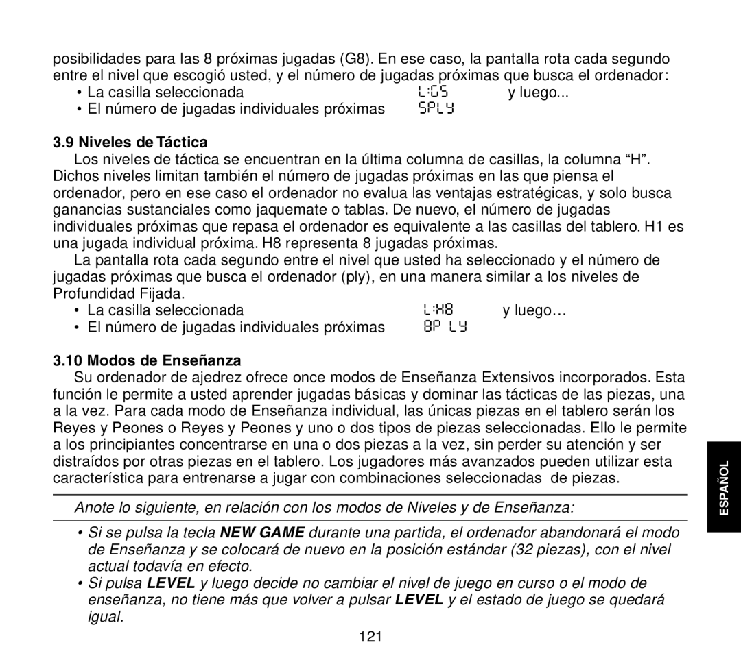 Saitek Travel Chess manual Niveles de Táctica, Modos de Enseñanza 