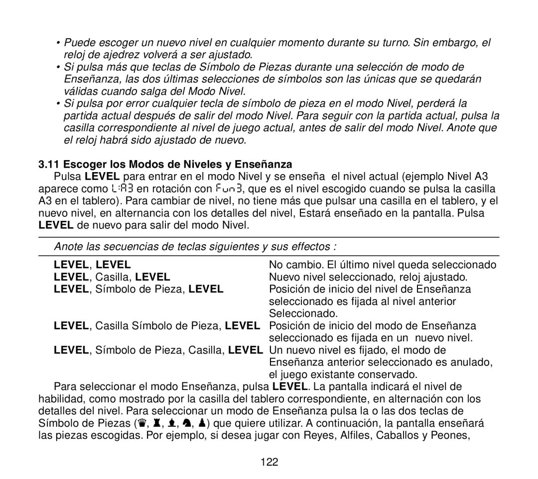 Saitek Travel Chess manual Escoger los Modos de Niveles y Enseñanza, Level , Level 