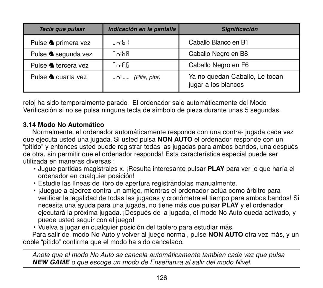 Saitek Travel Chess manual Modo No Automático 