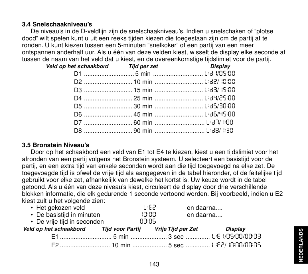 Saitek Travel Chess manual Snelschaakniveau’s, Bronstein Niveau’s 