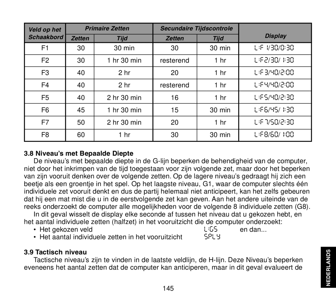 Saitek Travel Chess manual Niveau’s met Bepaalde Diepte, Tactisch niveau 