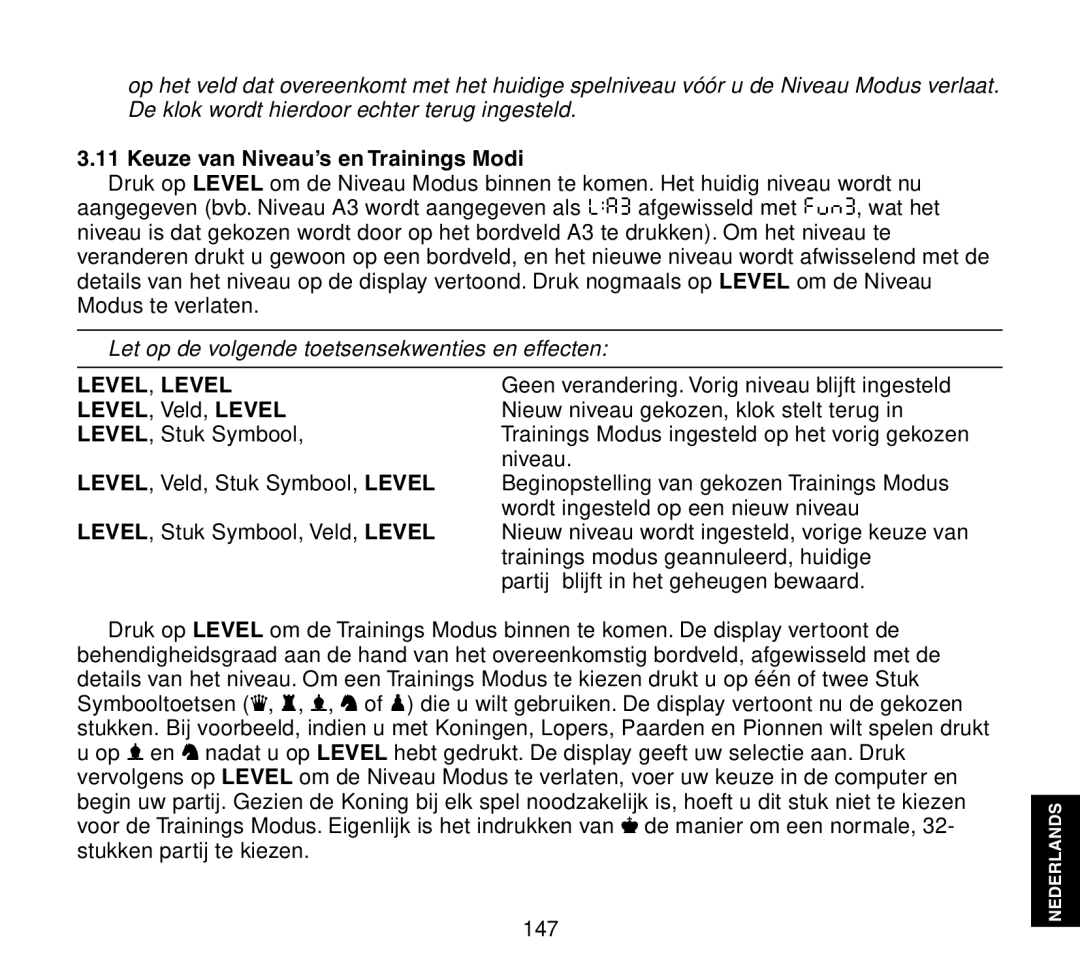 Saitek Travel Chess manual Keuze van Niveau’s en Trainings Modi, LEVEL, Veld, Level 