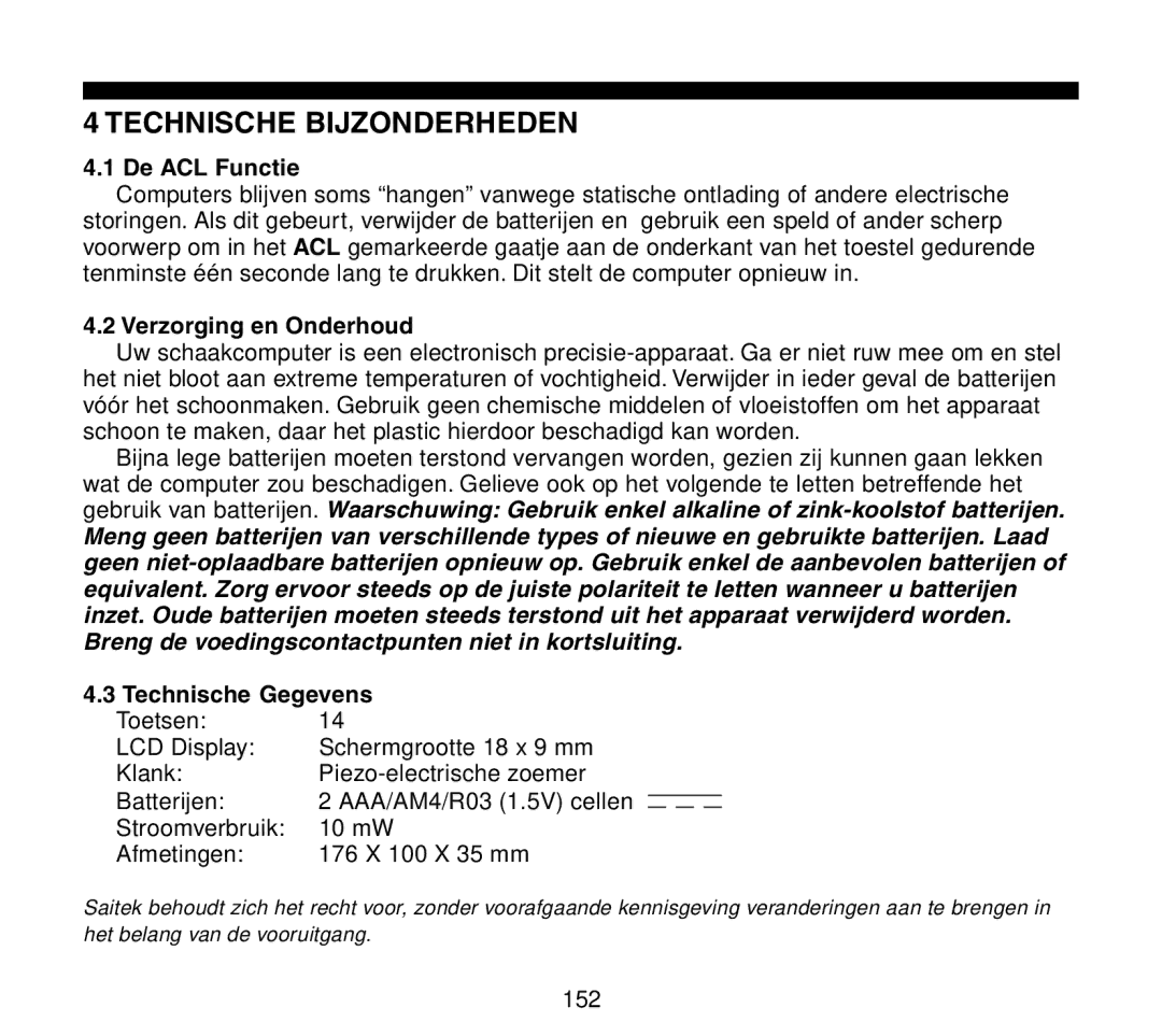 Saitek Travel Chess manual Technische Bijzonderheden, De ACL Functie, Verzorging en Onderhoud, Technische Gegevens 