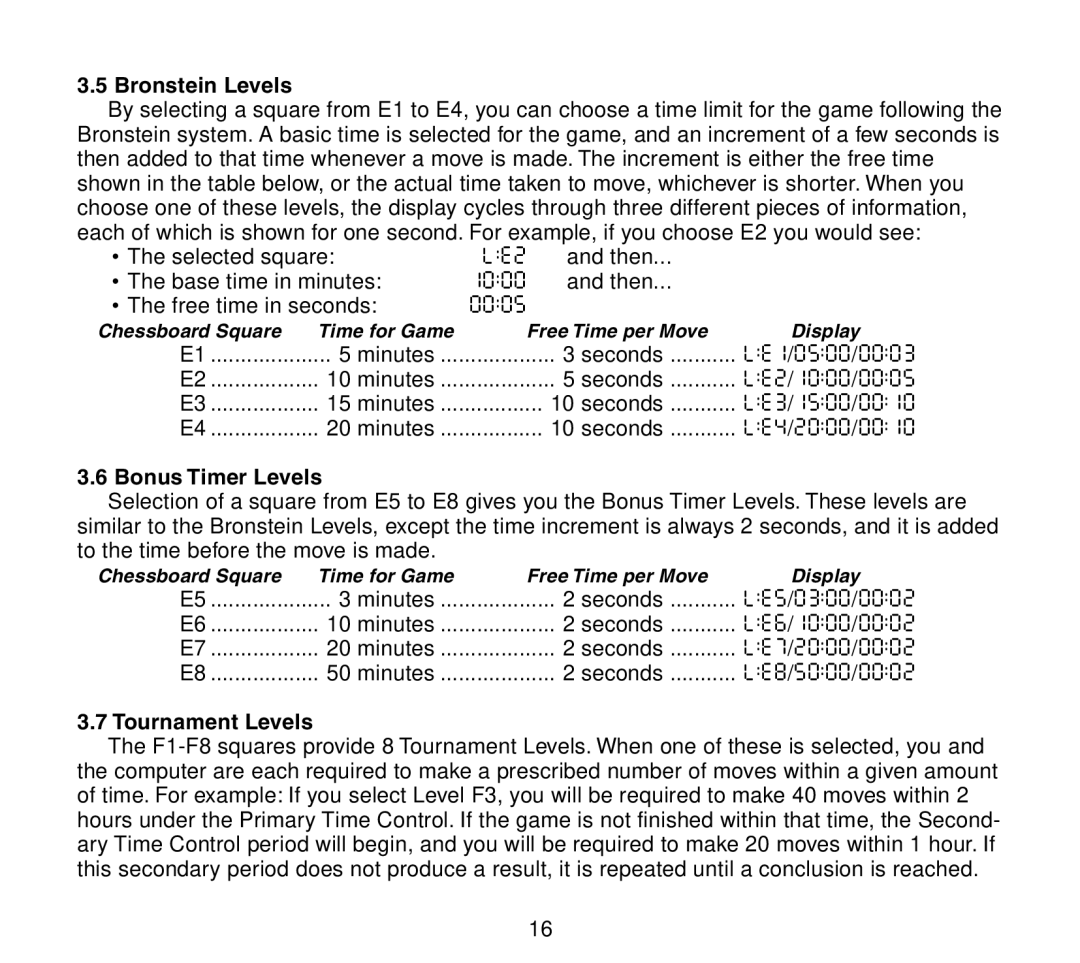 Saitek Travel Chess manual Bronstein Levels, Bonus Timer Levels, Tournament Levels 