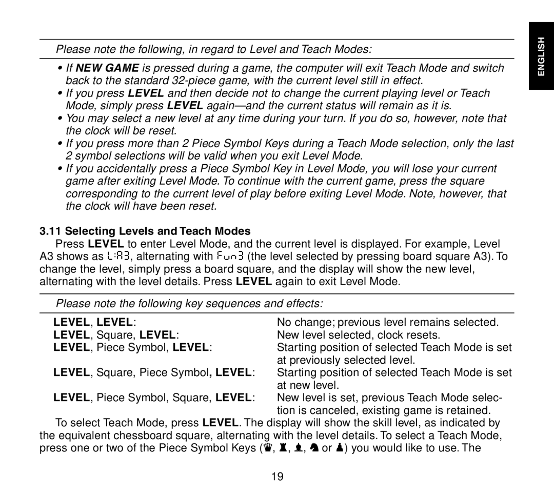 Saitek Travel Chess manual Selecting Levels and Teach Modes, Level , Level 