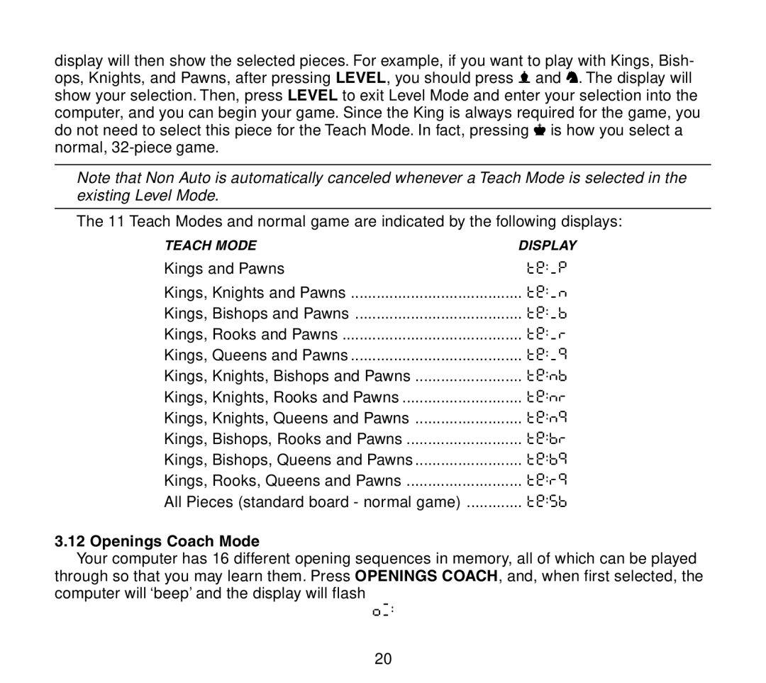 Saitek Travel Chess manual Openings Coach Mode 