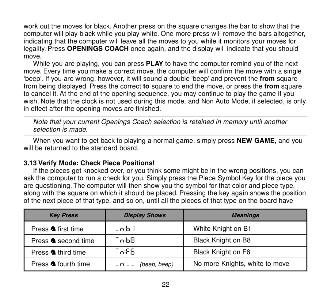 Saitek Travel Chess manual NF6, Verify Mode Check Piece Positions 