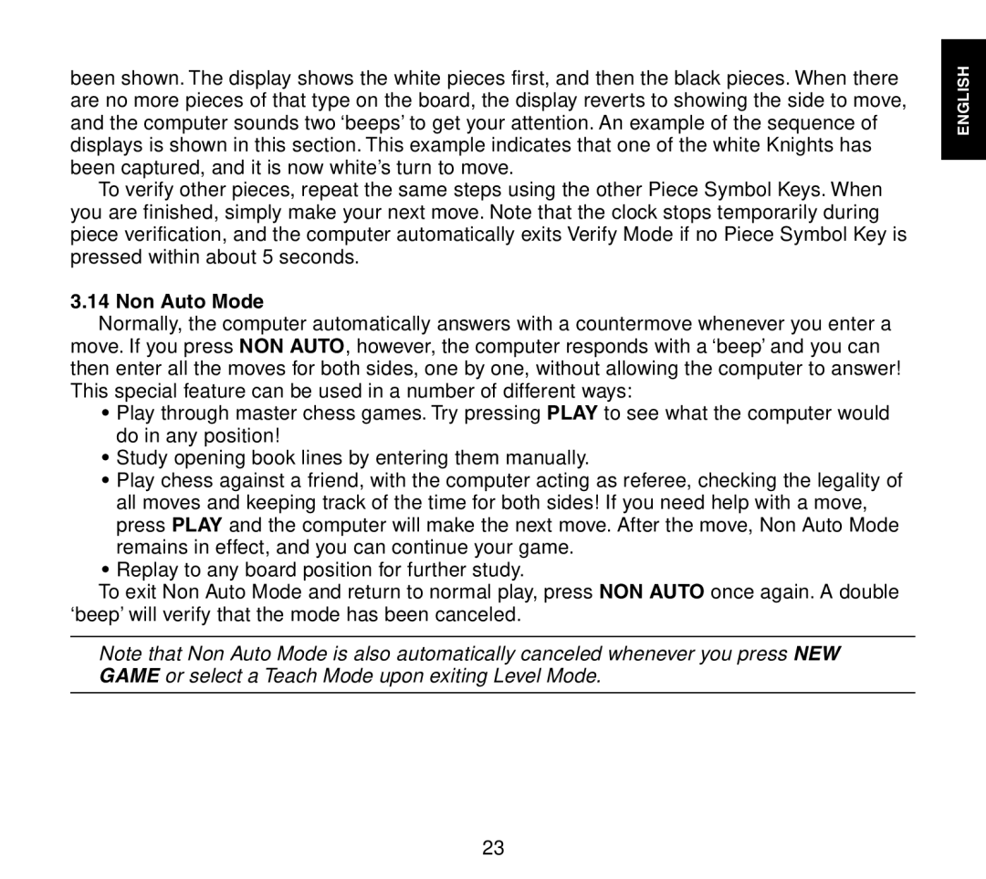 Saitek Travel Chess manual Non Auto Mode 