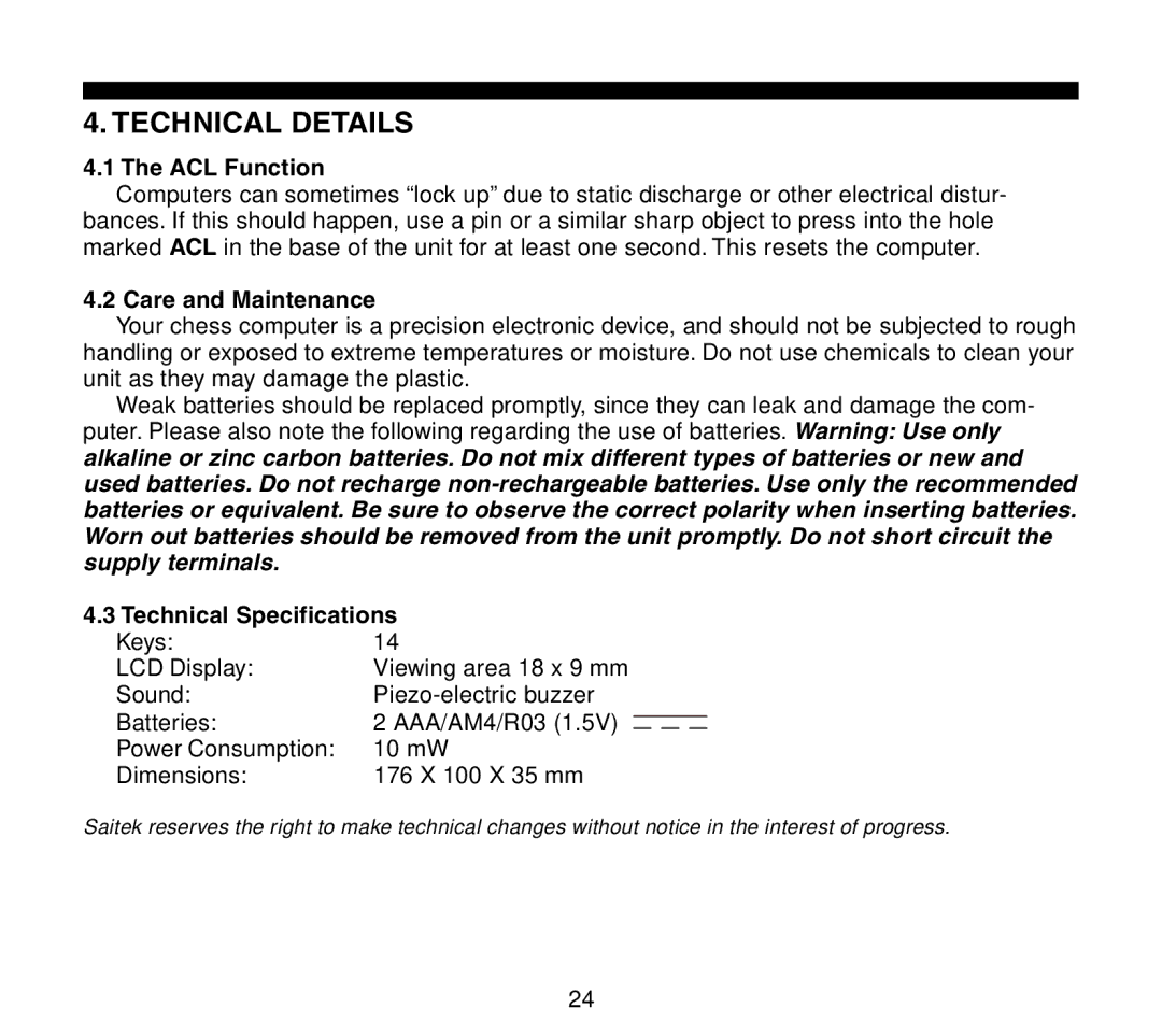 Saitek Travel Chess manual Technical Details, ACL Function, Care and Maintenance, Technical Specifications 