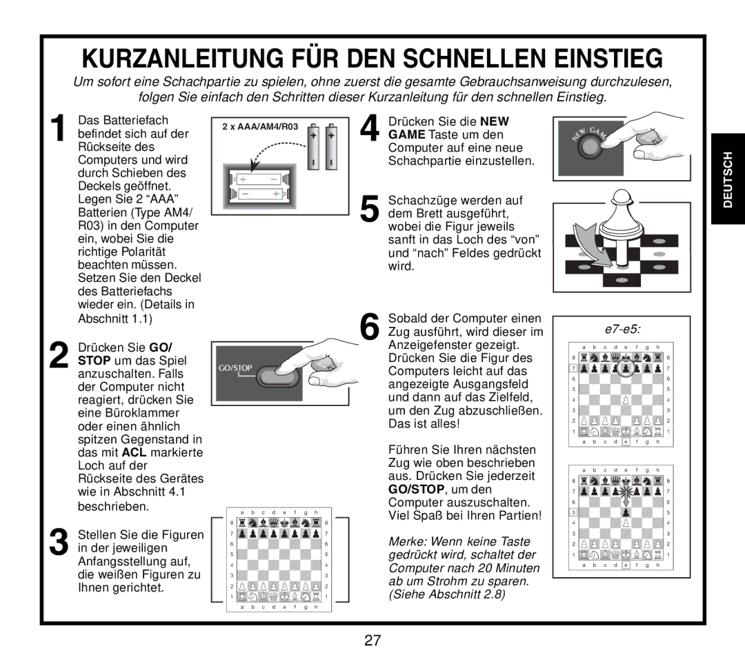 Saitek Travel Chess manual Kurzanleitung FÜR DEN Schnellen Einstieg 