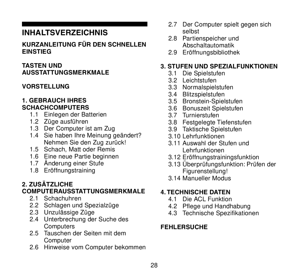 Saitek Travel Chess manual Inhaltsverzeichnis, Zusätzliche Computerausstattungsmerkmale, Stufen UND Spezialfunktionen 