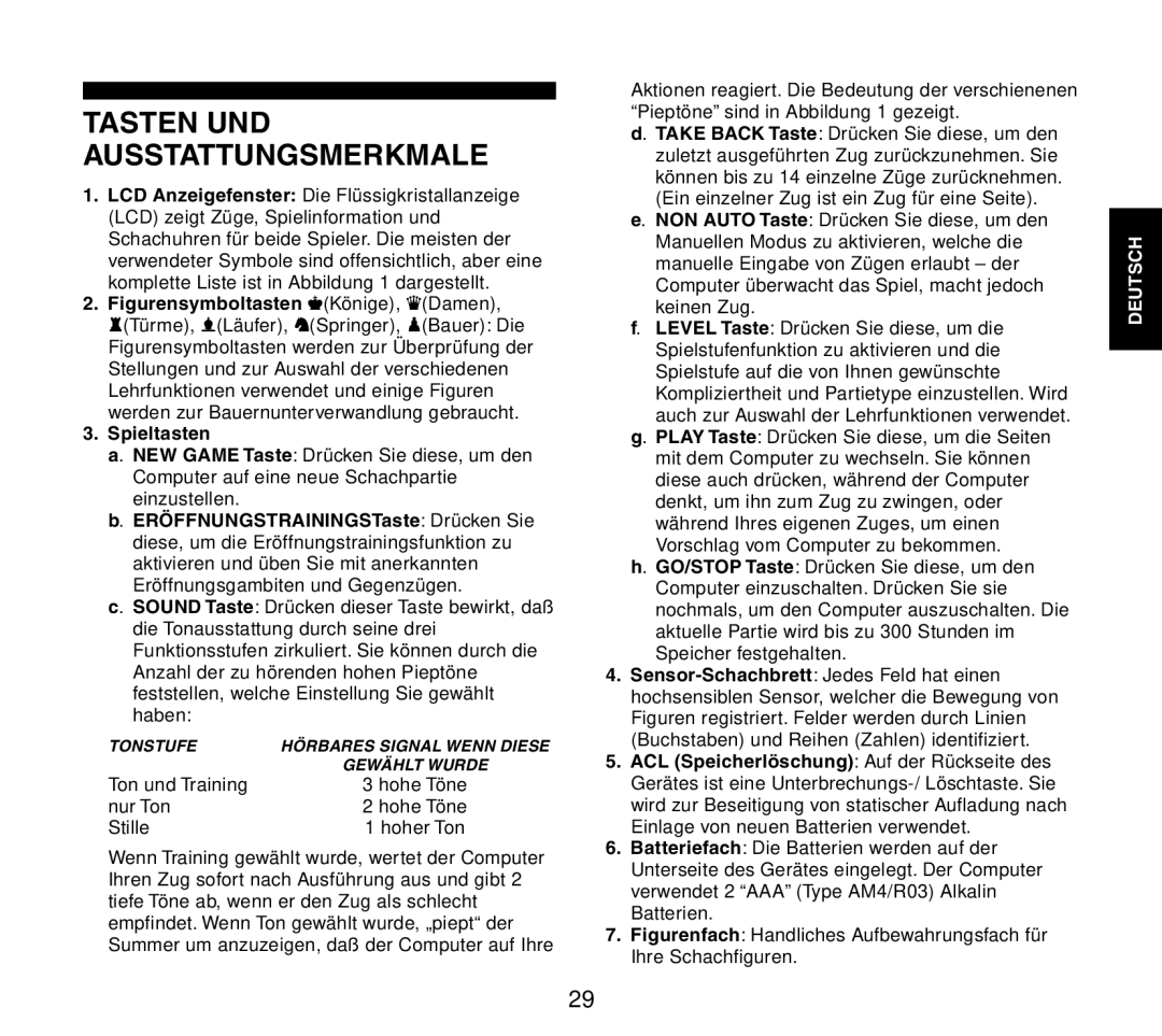 Saitek Travel Chess manual Tasten UND Ausstattungsmerkmale, Spieltasten 