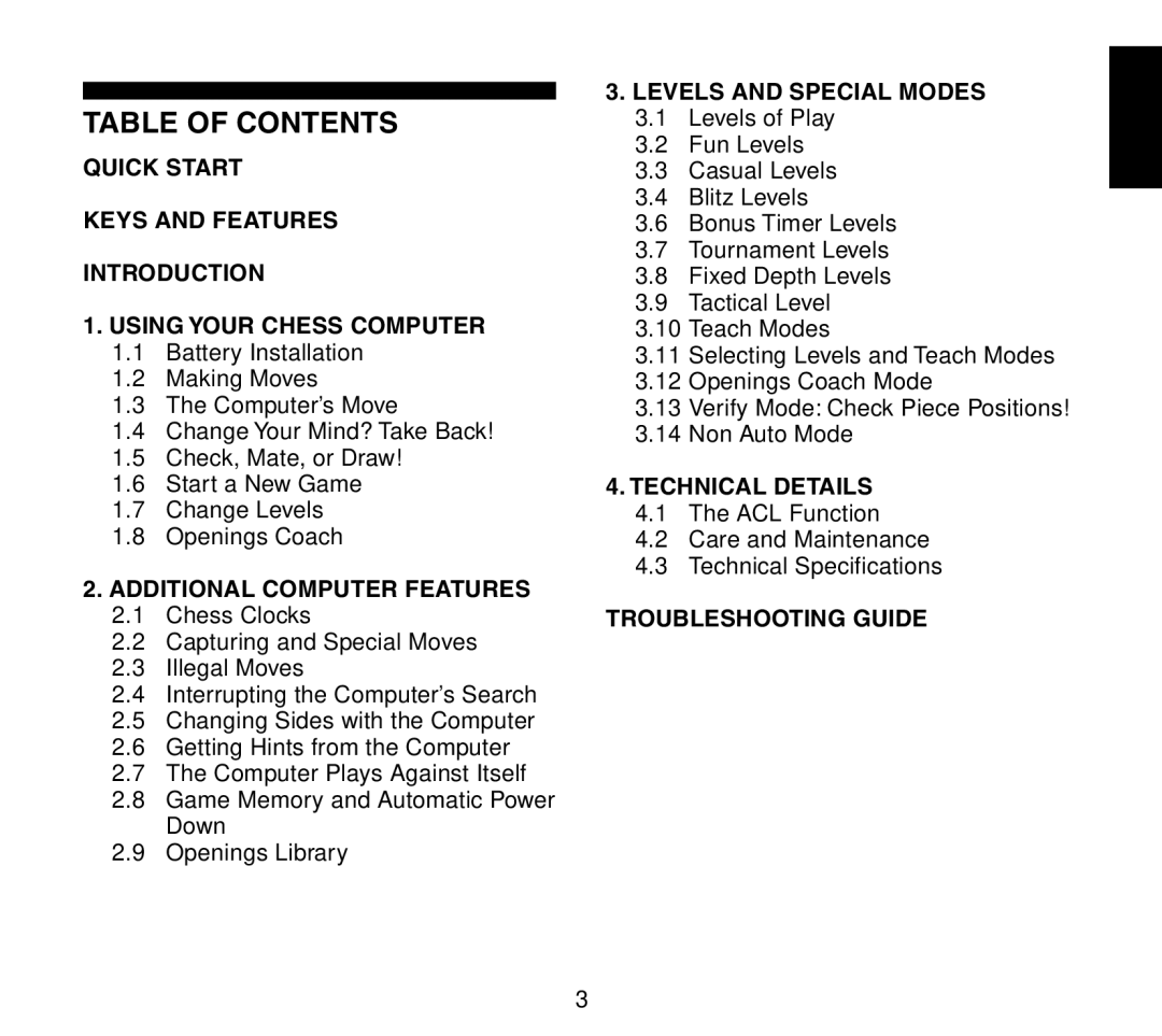 Saitek Travel Chess manual Table of Contents 