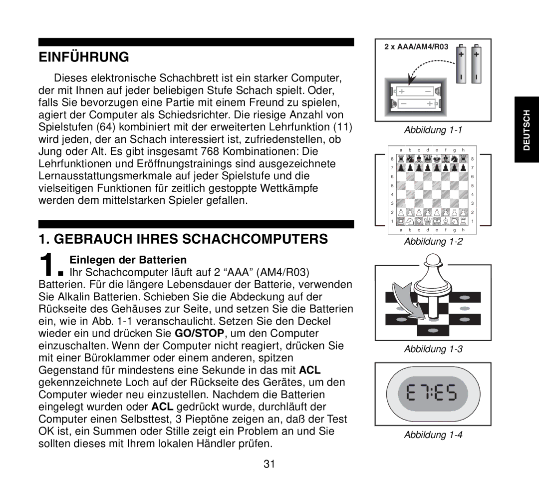 Saitek Travel Chess manual Einführung, Gebrauch Ihres Schachcomputers, Einlegen der Batterien 