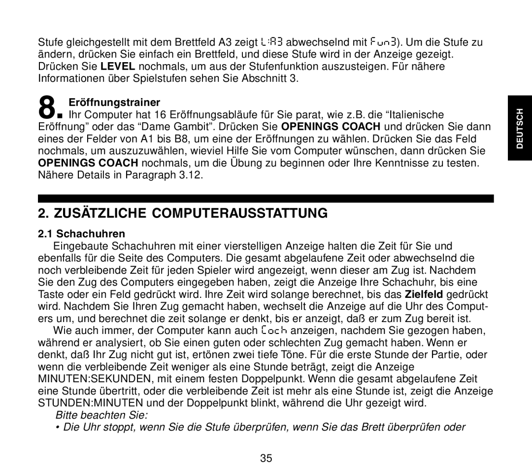 Saitek Travel Chess manual Zusätzliche Computerausstattung, Eröffnungstrainer, Schachuhren 