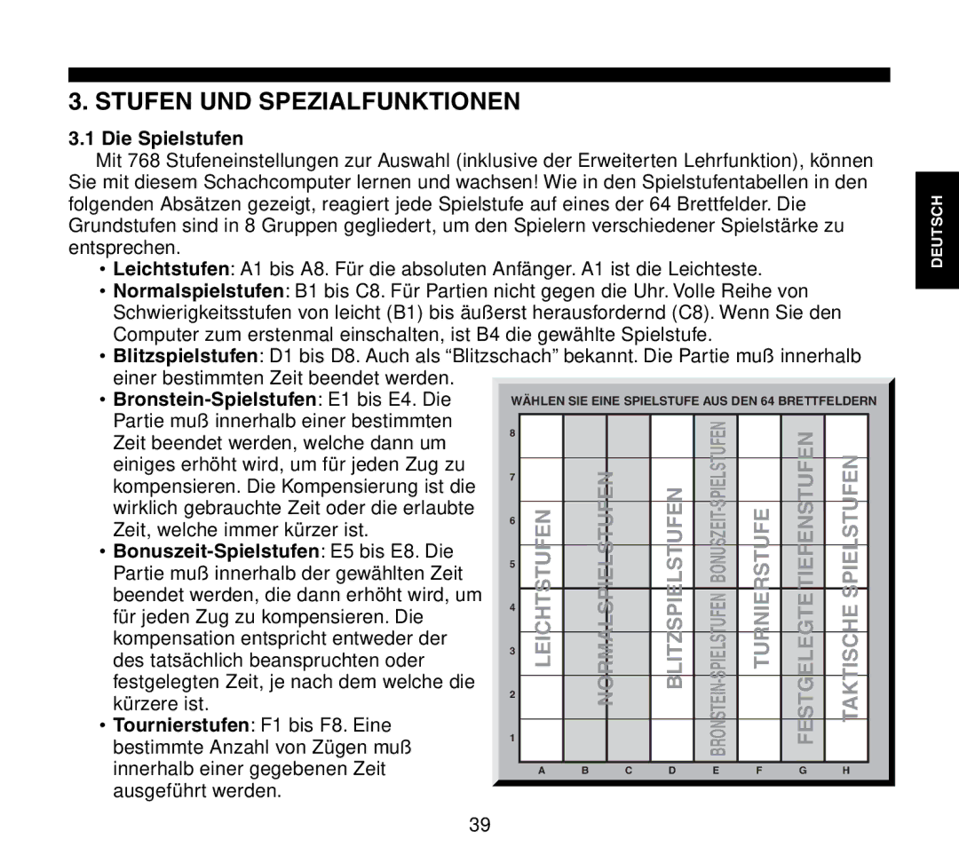 Saitek Travel Chess manual Stufen UND Spezialfunktionen, Die Spielstufen, Bronstein-Spielstufen E1 bis E4. Die 