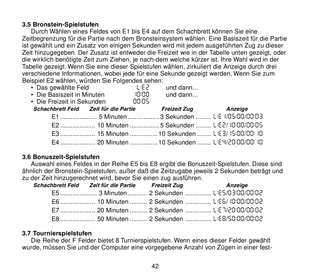 Saitek Travel Chess manual Bronstein-Spielstufen, Bonuszeit-Spielstufen, Tournierspielstufen 