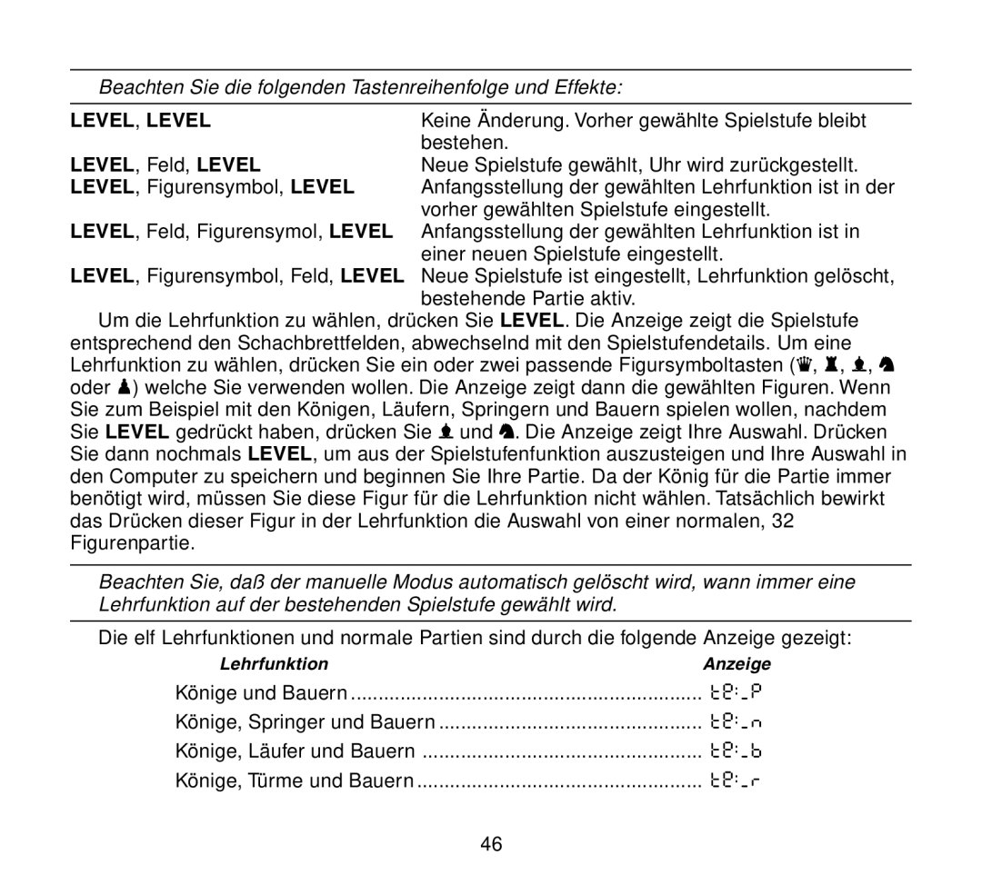 Saitek Travel Chess manual LEVEL, Level, LEVEL, Feld, Level 