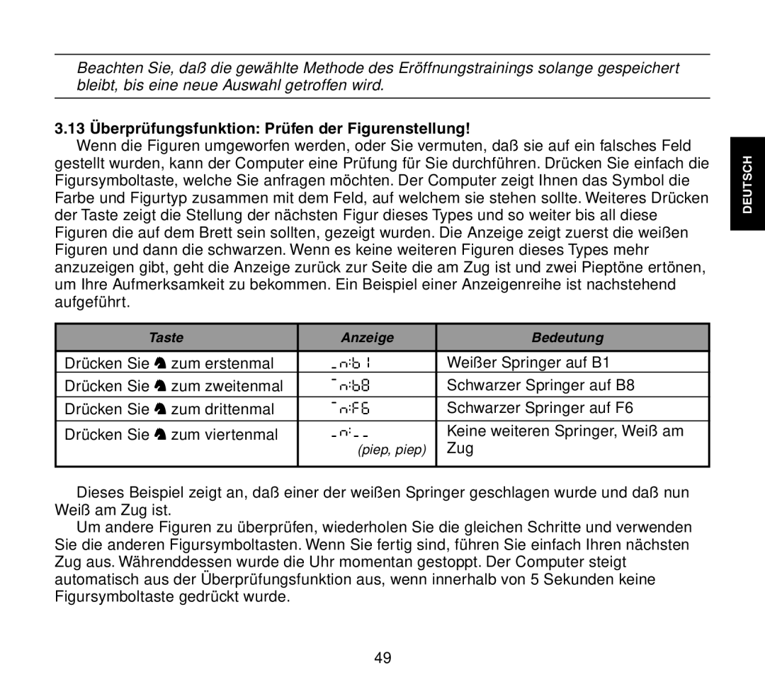 Saitek Travel Chess manual 13 Überprüfungsfunktion Prüfen der Figurenstellung 