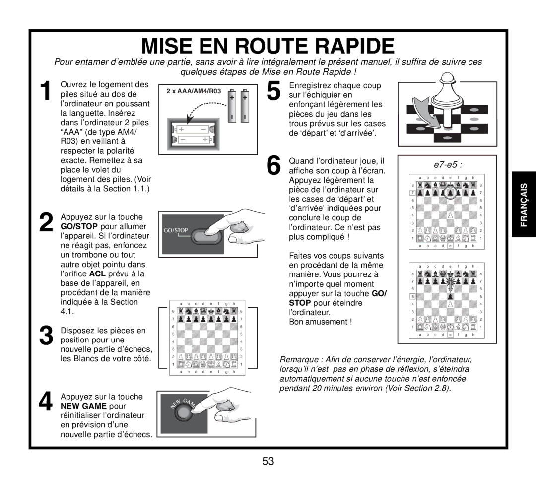 Saitek Travel Chess manual Mise EN Route Rapide 