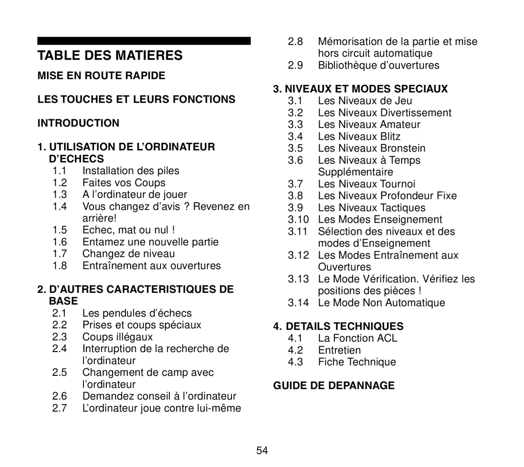 Saitek Travel Chess Table DES Matieres, ’AUTRES Caracteristiques DE Base, Niveaux ET Modes Speciaux, Details Techniques 