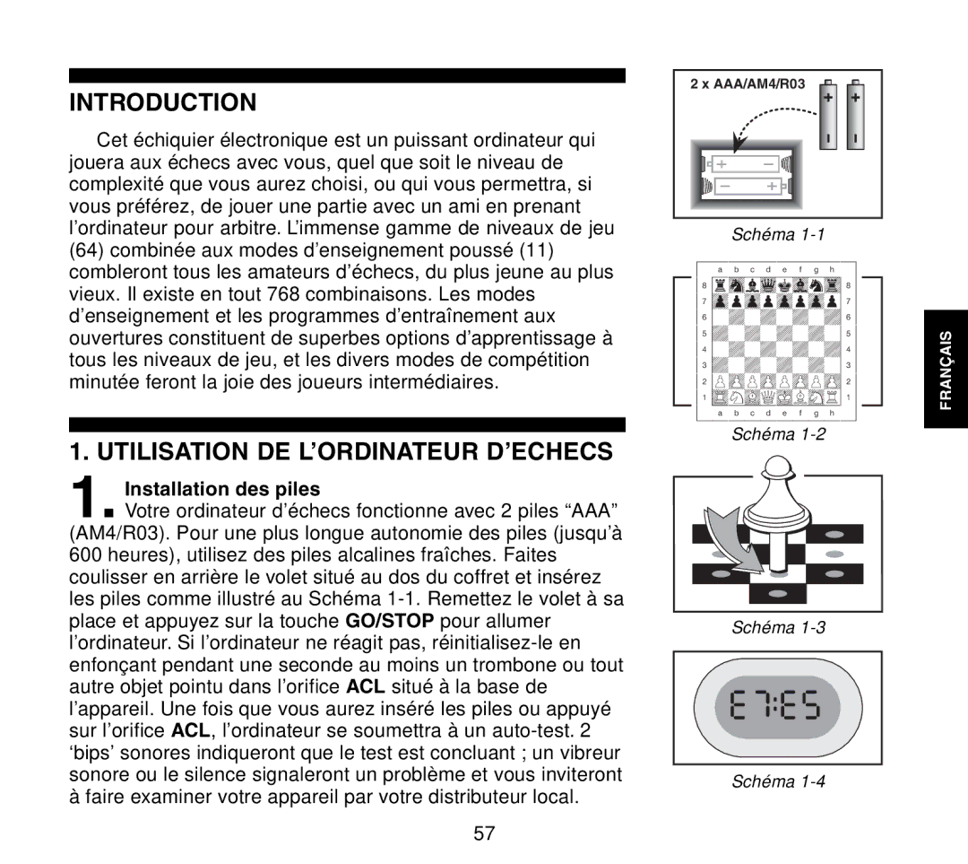 Saitek Travel Chess manual Utilisation DE L’ORDINATEUR D’ECHECS, Installation des piles 