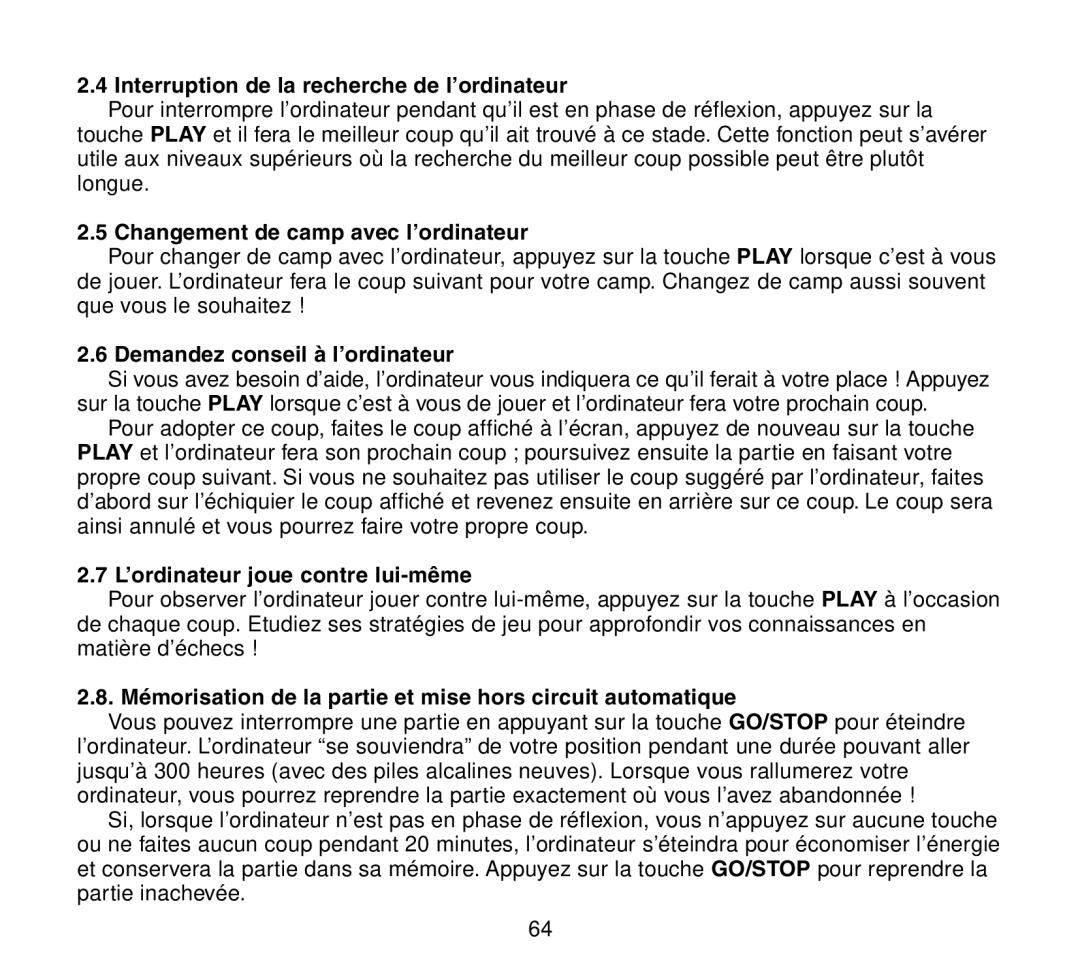 Saitek Travel Chess manual Interruption de la recherche de l’ordinateur, Changement de camp avec l’ordinateur 