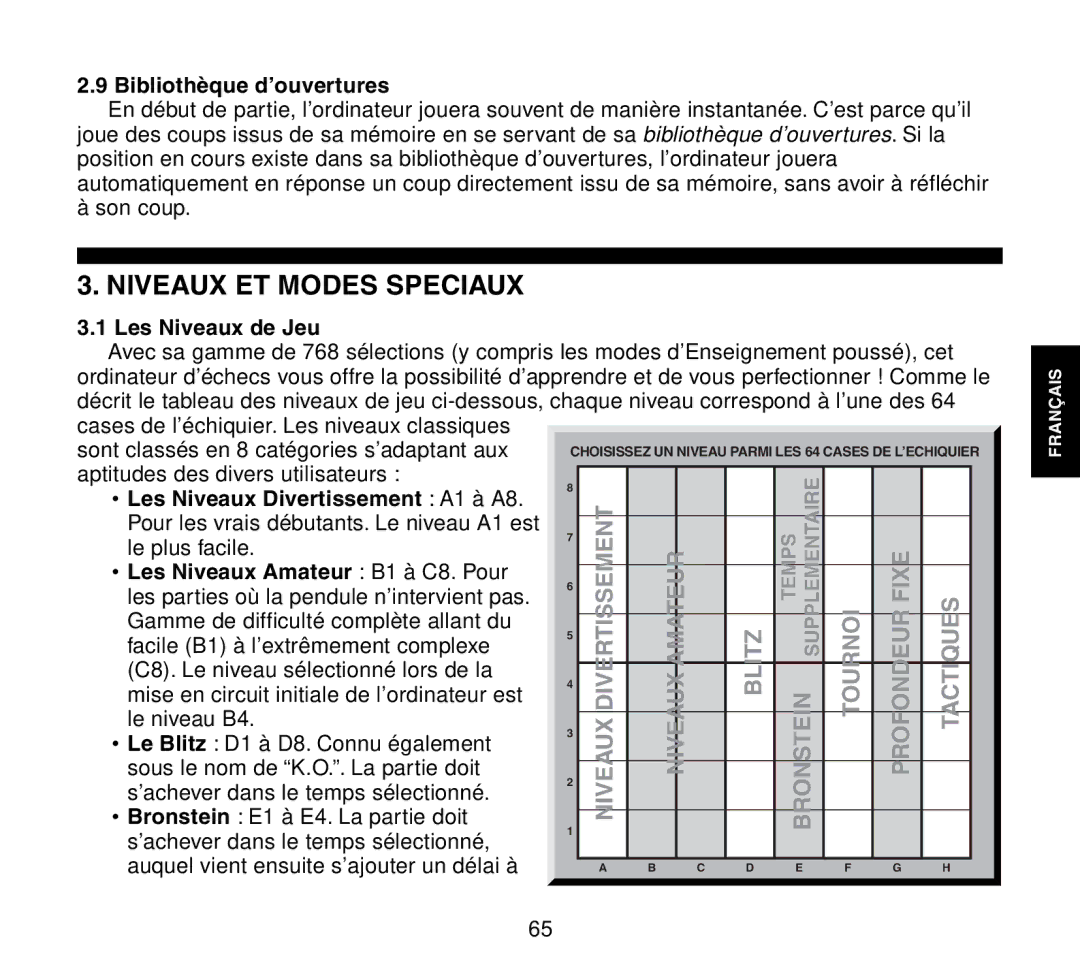 Saitek Travel Chess manual Niveaux ET Modes Speciaux, Bibliothèque d’ouvertures, Les Niveaux de Jeu 