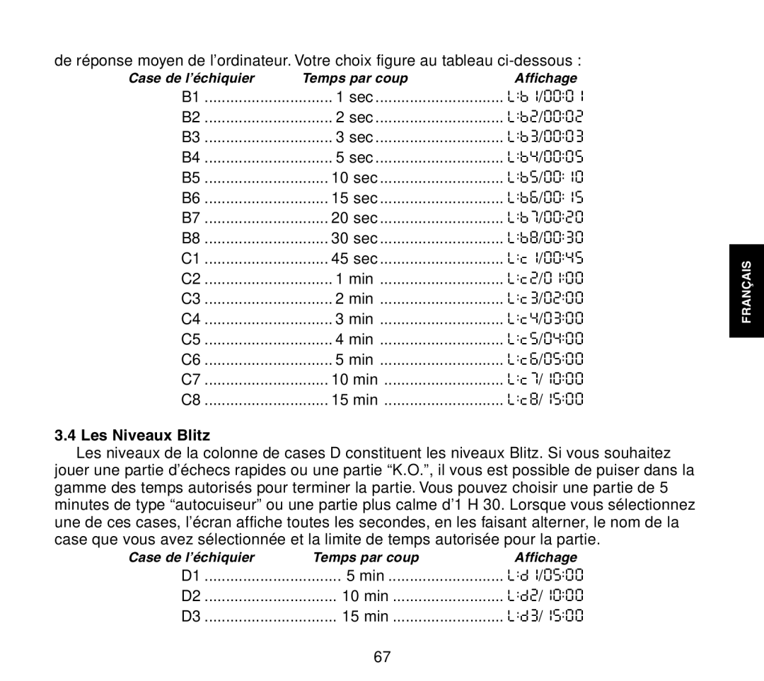 Saitek Travel Chess manual Les Niveaux Blitz 