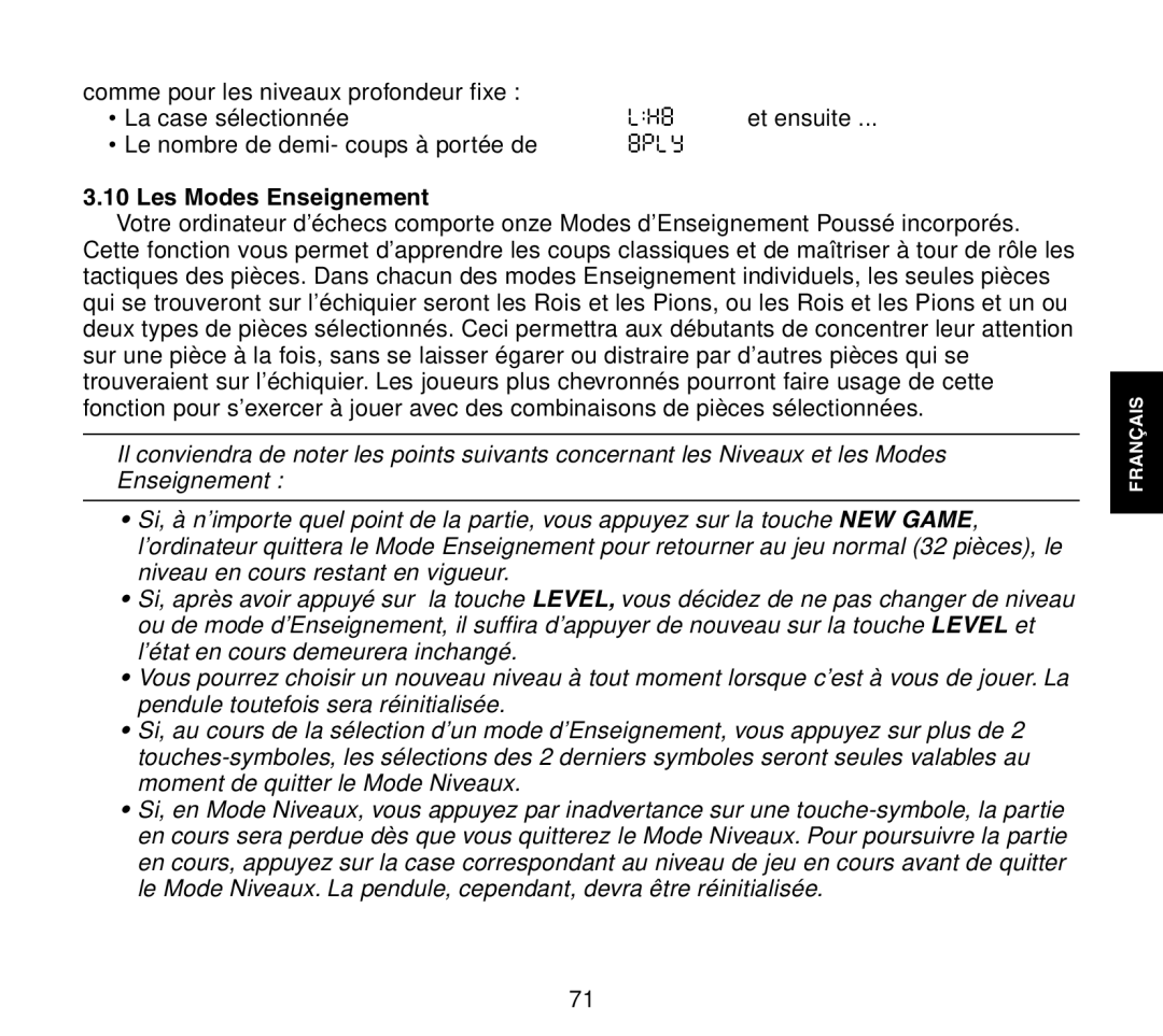 Saitek Travel Chess manual Les Modes Enseignement 