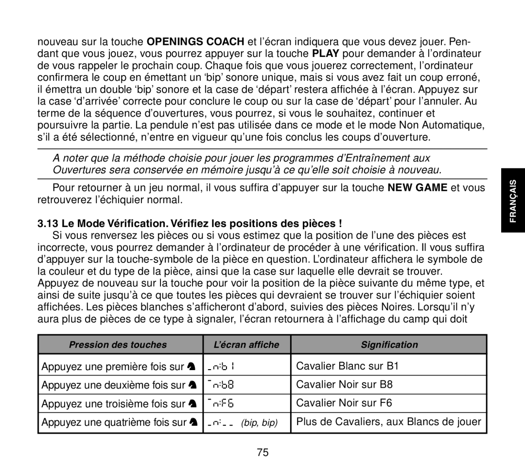 Saitek Travel Chess manual Le Mode Vérification. Vérifiez les positions des pièces 