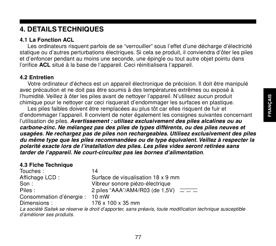 Saitek Travel Chess manual Details Techniques, La Fonction ACL, Entretien, Fiche Technique 