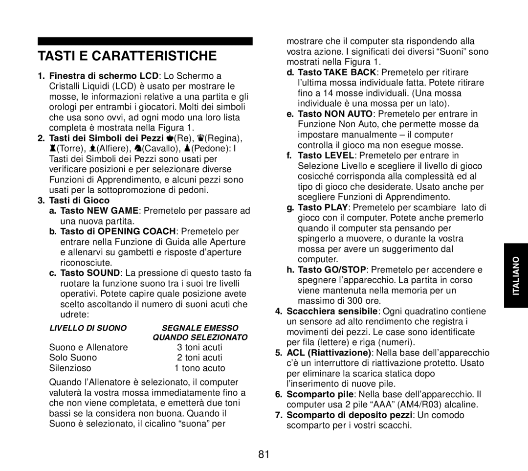 Saitek Travel Chess manual Tasti E Caratteristiche, Silenzioso 