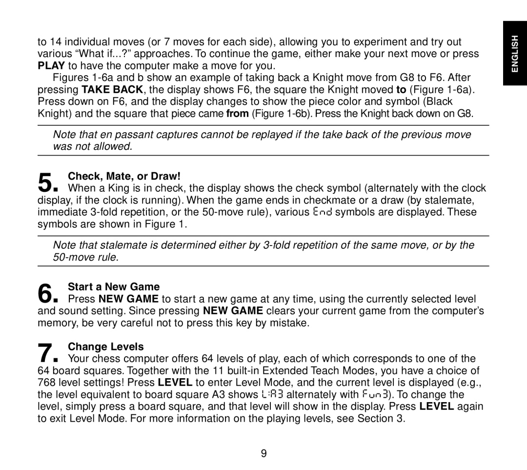 Saitek Travel Chess manual Check, Mate, or Draw, Start a New Game, Change Levels 