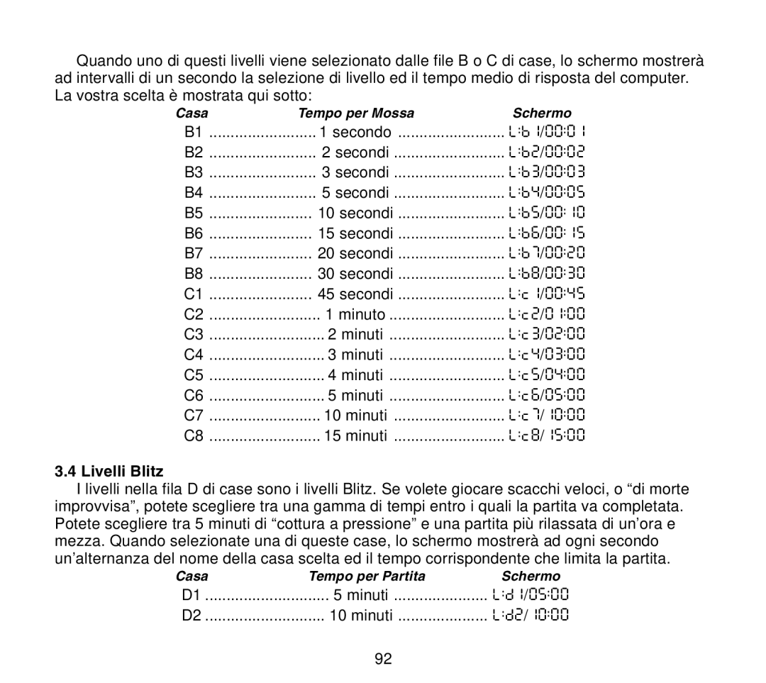 Saitek Travel Chess manual Livelli Blitz 