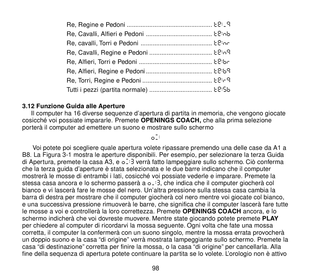 Saitek Travel Chess manual Funzione Guida alle Aperture 