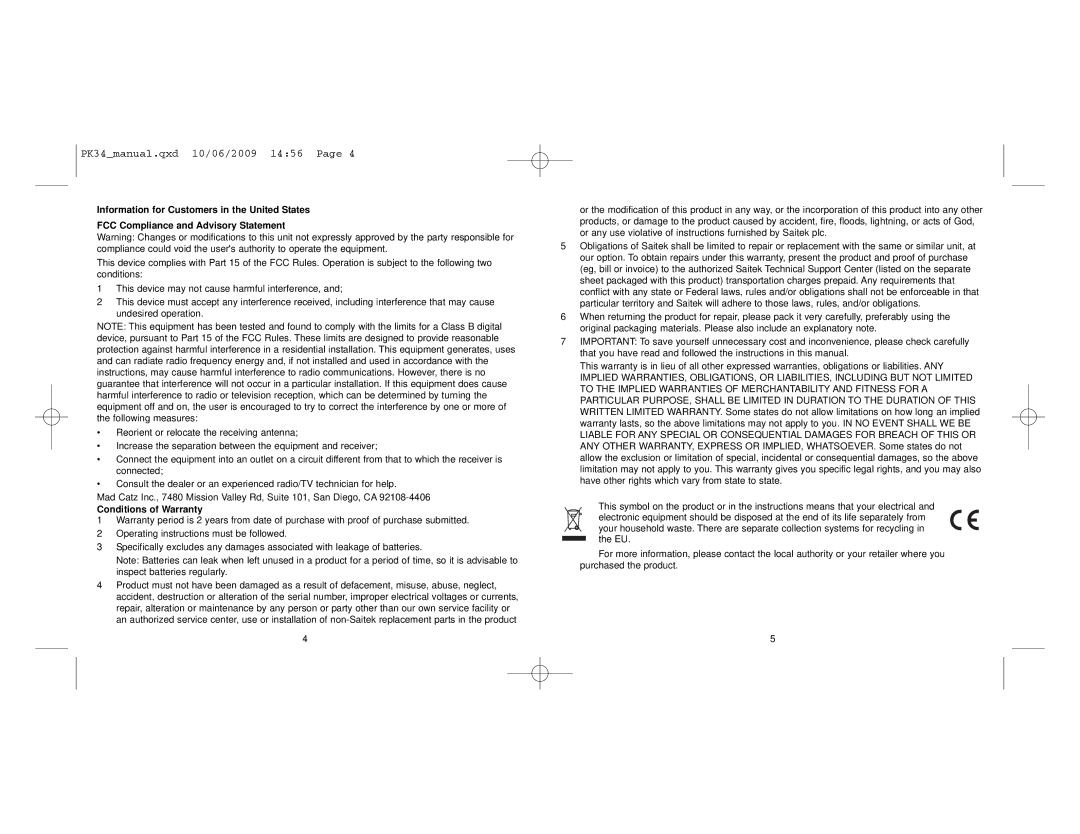 Saitek V. 1 user manual Conditions of Warranty 