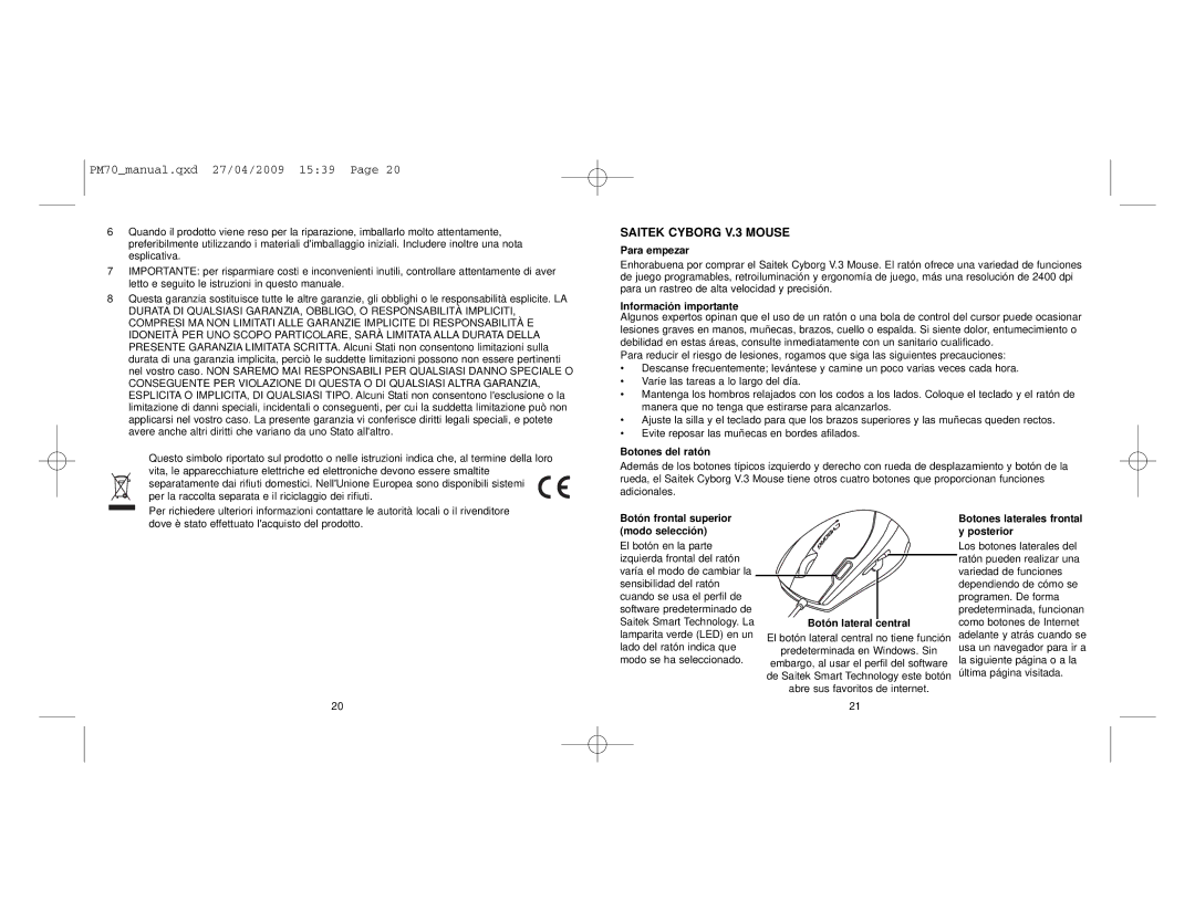 Saitek V.3 user manual Para empezar, Información importante, Botones del ratón, Botón frontal superior modo selección 