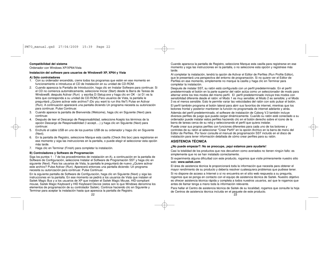 Saitek V.3 user manual Asistencia Técnica, Compatibilidad del sistema, Controladores y Software de Programación 