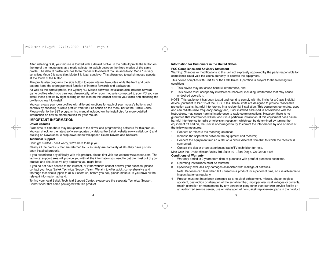 Saitek V.3 user manual Important Information, Driver updates Technical Support, Conditions of Warranty 